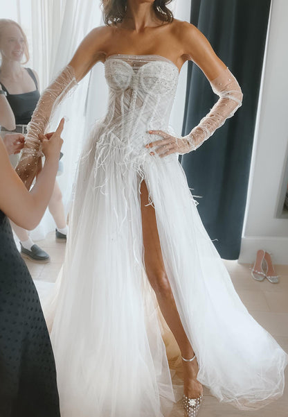 LW132 - A Line Strapless Sheer Pleated Tulle Feather Long Wedding Dress With Side Slit