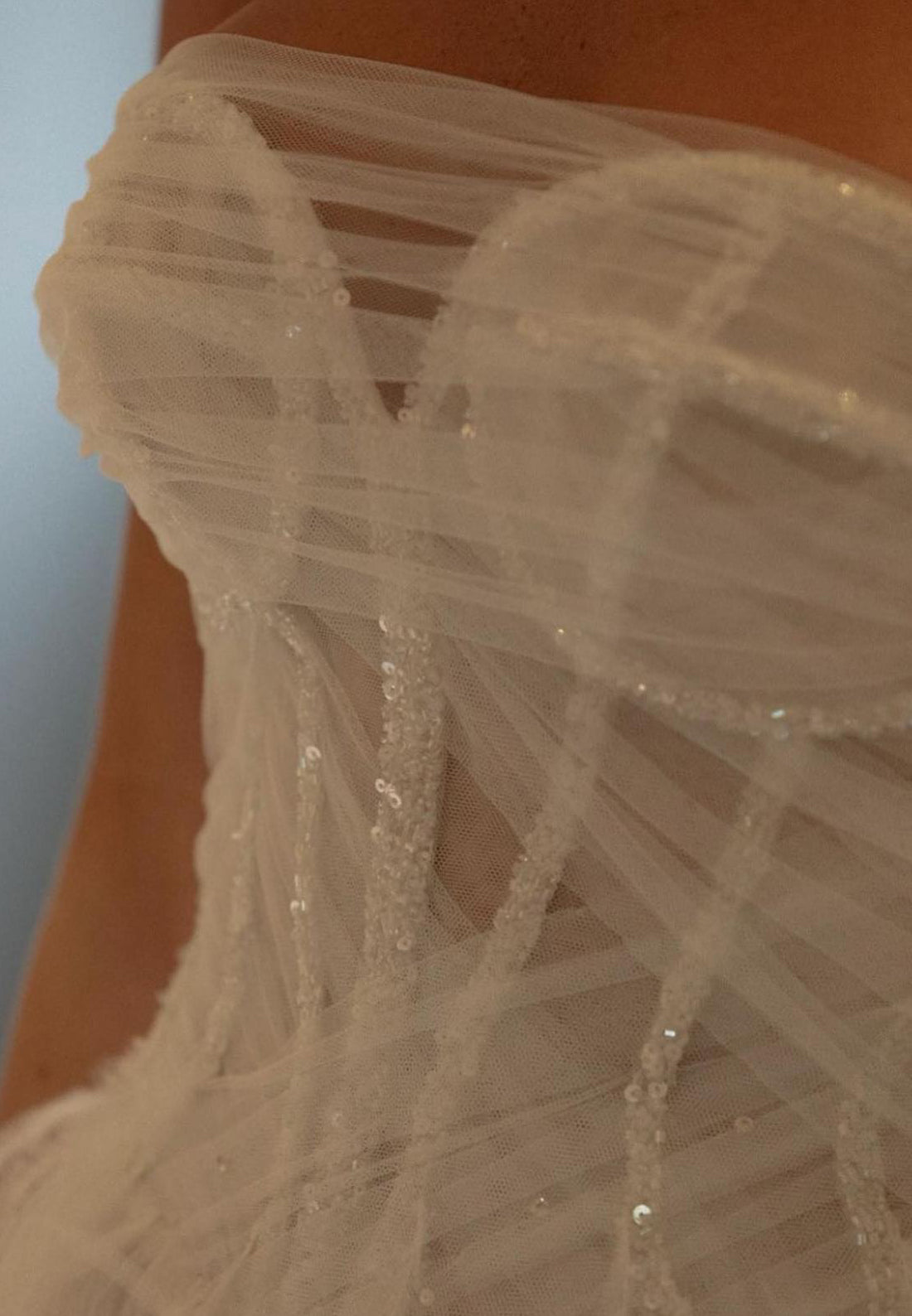 LW132 - A Line Strapless Sheer Pleated Tulle Feather Long Wedding Dress With Side Slit