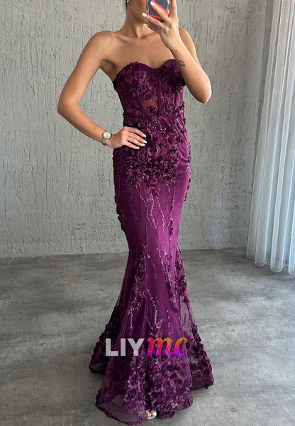 Sweetheart Sleeveless Floral Appliqeus Mermaid Prom Dress