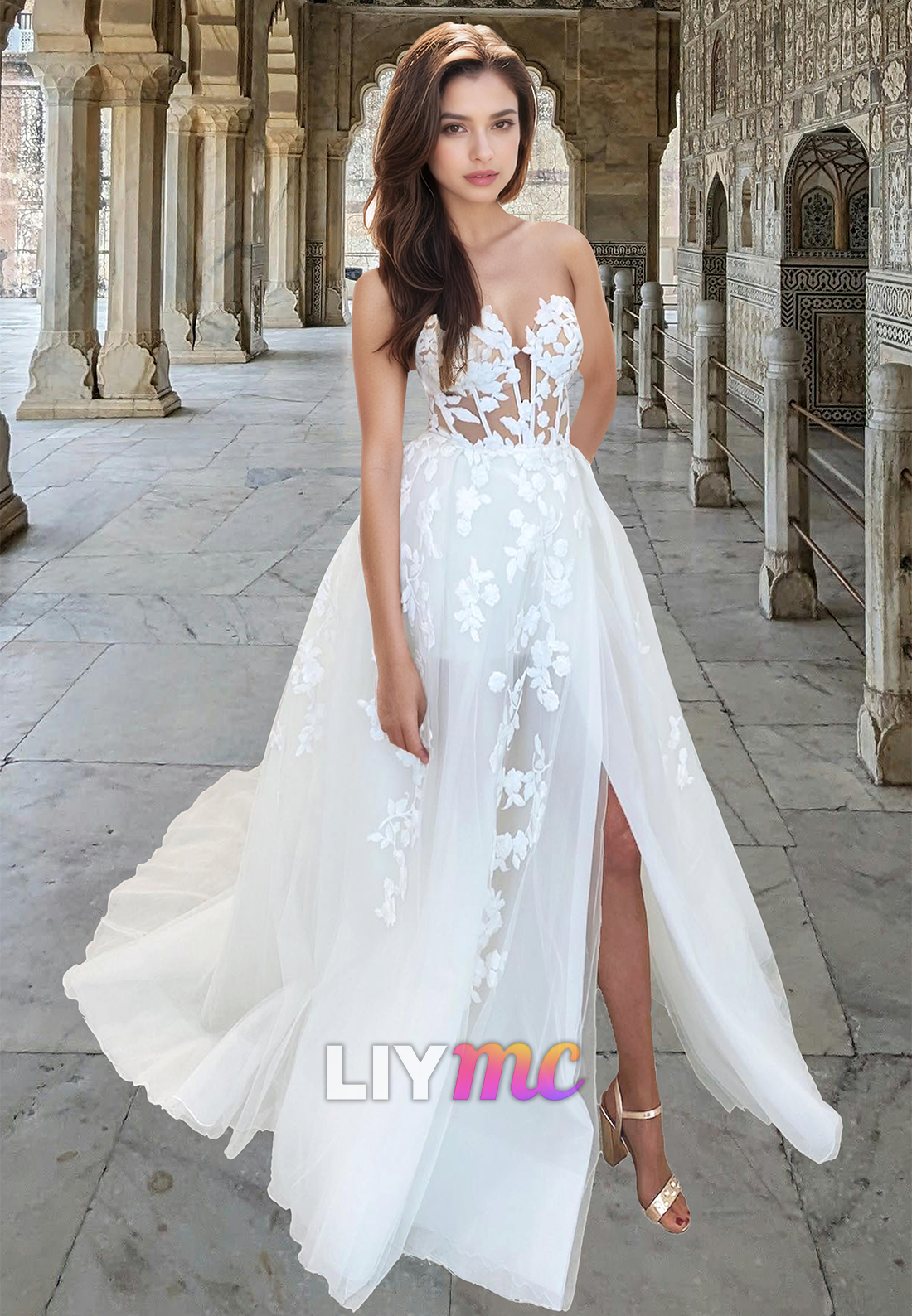 LW027 - A Line Illlusion V neck Appliques Rustic Wedding Dress Liymc LW027 - A Line Illlusion V neck Appliques Rustic Wedding Dress Liymc
