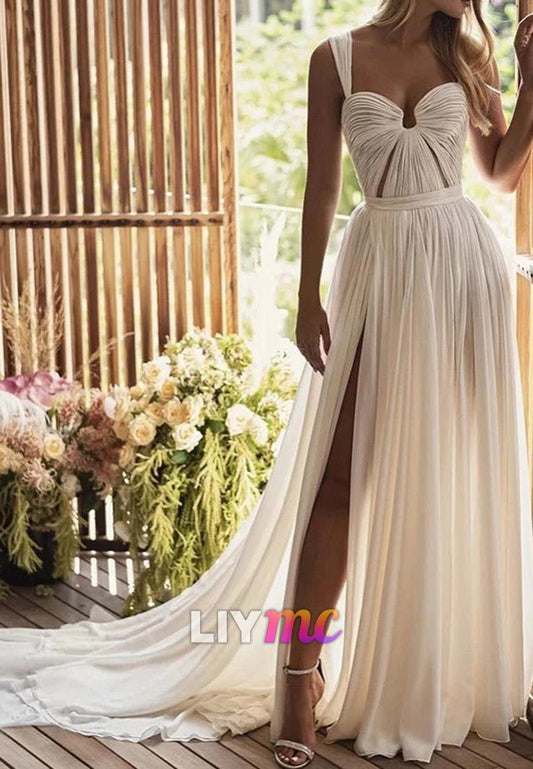 Sweetheart Sleeveless Illusion Chiffon Pleated A-Line Beach Wedding Dress