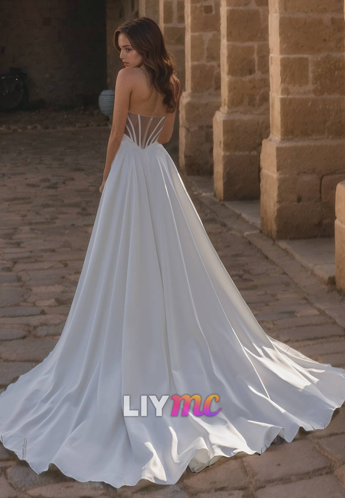 LW099 - A Line Illusion Strapless Cut Outs Pleated Satin Long Wedding Dress With Slit