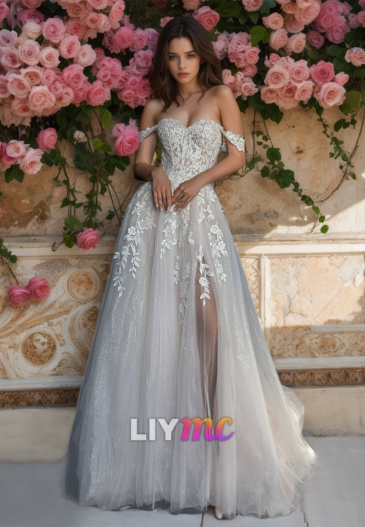 Sweetheart Sleeveless Lace Appliques Tulle A-Line Wedding Dress