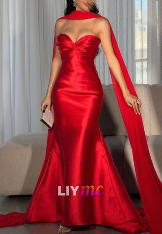Sweetheart Sleeveless Mermaid Satin Red Evening Dress