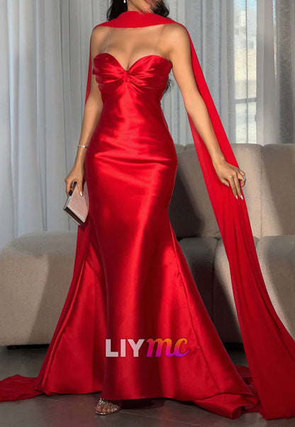 Sweetheart Sleeveless Mermaid Satin Red Evening Dress