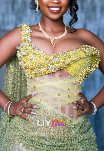 Sweetheart Sleeveless Pearl Beaded Side Slit Mermaid Prom Dress