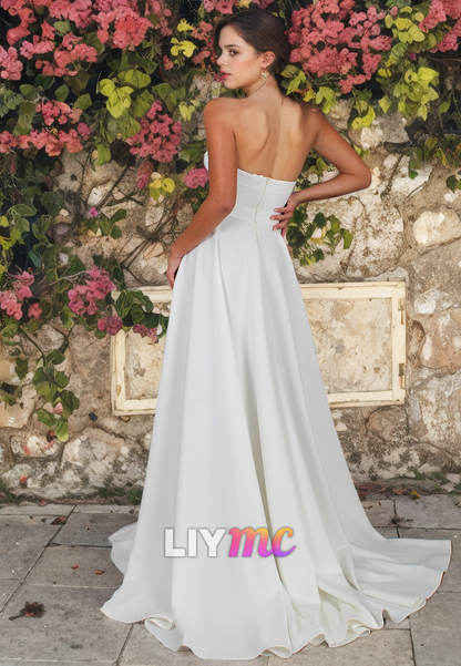 LW065 - Simple A Line Sweetheart Strapless Ruched Satin Long Wedding Dress