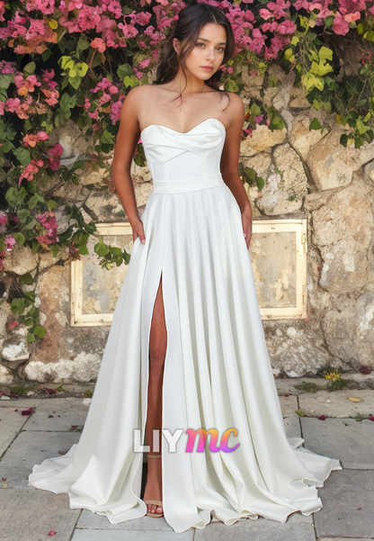 LW065 - Simple A Line Sweetheart Strapless Ruched Satin Long Wedding Dress