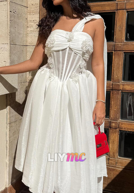 Sweetheart Sleeveless Pleated Floral Embellished A-Line Midi Wedding Dress