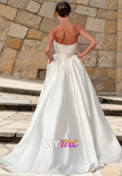 Sweetheart Sleeveless Pleated Sleek Satin A-Line Wedding Dress