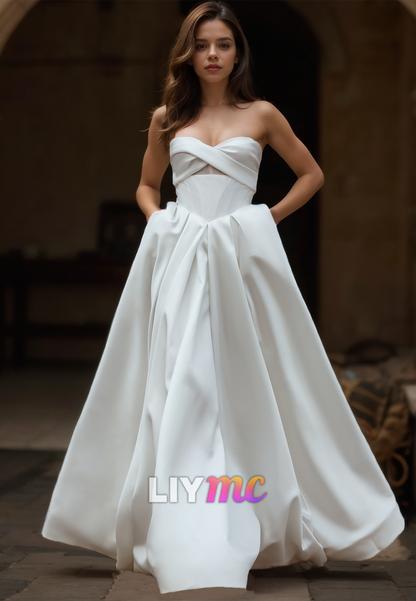 Sweetheart Sleeveless Pleated Sleek Satin A-Line Wedding Dress