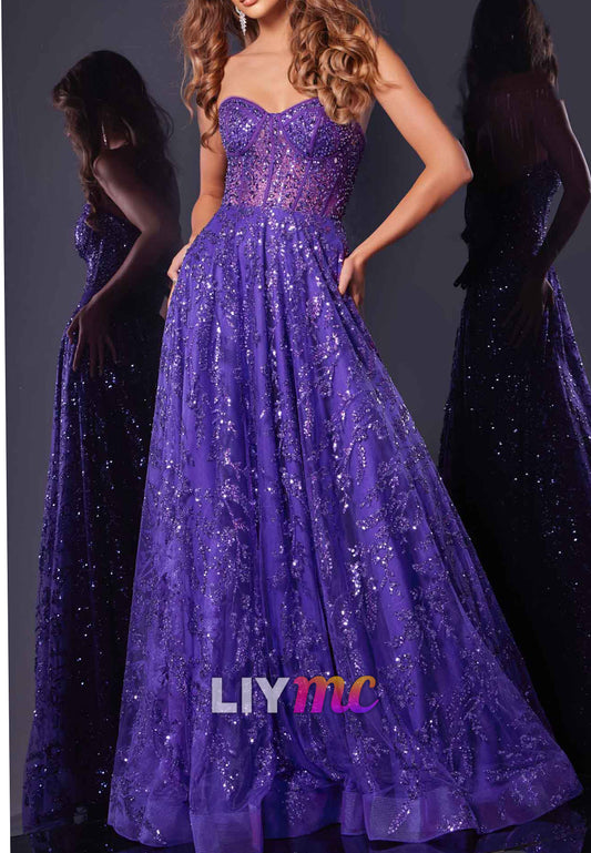 Sweetheart Sleeveless Sequins Appliques A-Line Prom Dress