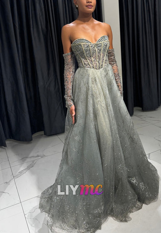 Sweetheart Sleeveless Sequins Beaded A-Line Prom Dress