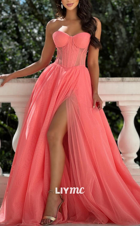 LP2171 - Sweetheart Sleeveless Sheer High Slit Tulle Ball Gown A-Line Prom Dress