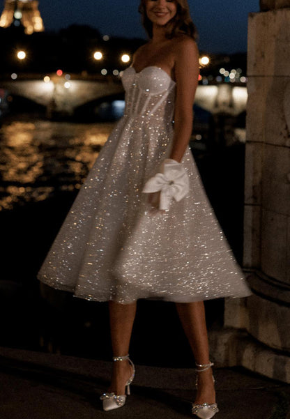 Sweetheart Sleeveless Sparkly Pleated A-Line Midi Wedding Dress