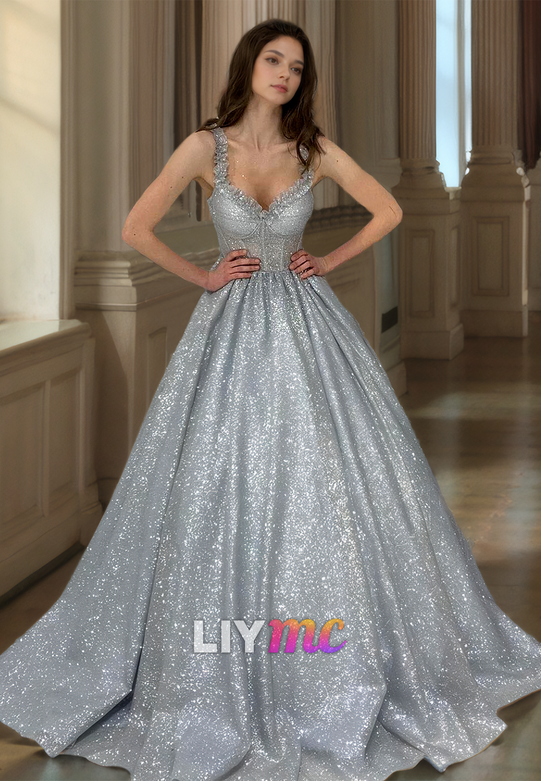 Sweetheart Sleeveless Sparkly Pleated Ball Gown Prom Dress