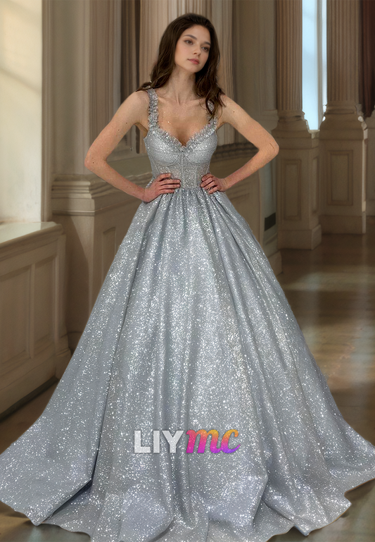 Sweetheart Sleeveless Sparkly Pleated Ball Gown Prom Dress