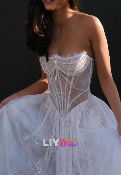 Sweetheart Sleeveless Tulle Beaded Lace Appliques A-Line Wedding Dress