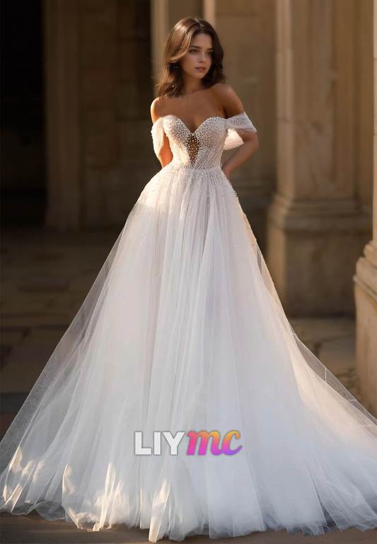 Sweetheart Sleeveless Tulle Pearl Beaded Ball Gown A-Line Wedding Dress