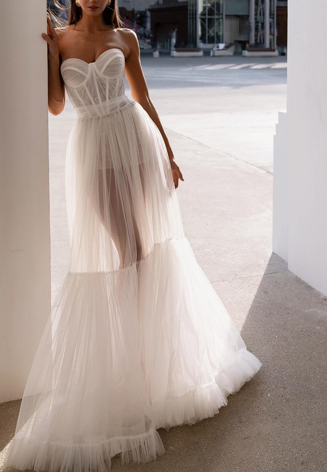 Sweetheart Strapless Tull Sheer A-Line Beach Wedding Dress