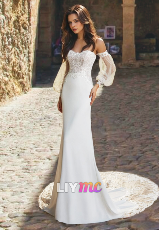 Sweetheart Sleeves Appliques Sleek Mermaid Wedding Dress