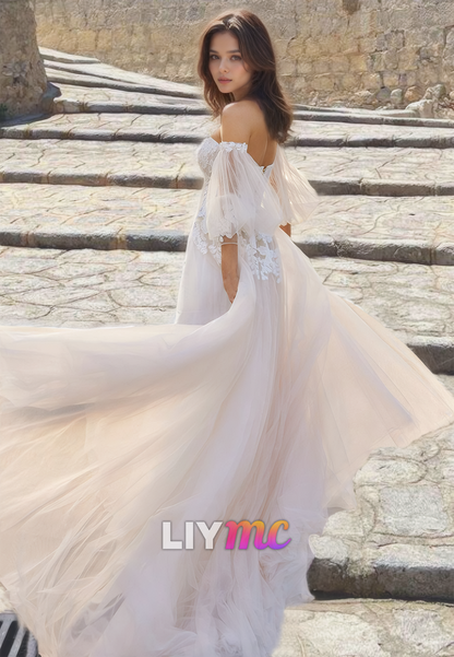 Sweetheart Sleeves Appliques Tulle A-Line Wedding Dress