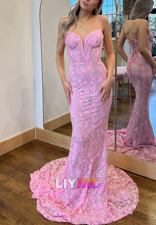 Sweetheart Spaghetti Straps Appliques Mermaid Prom Dress