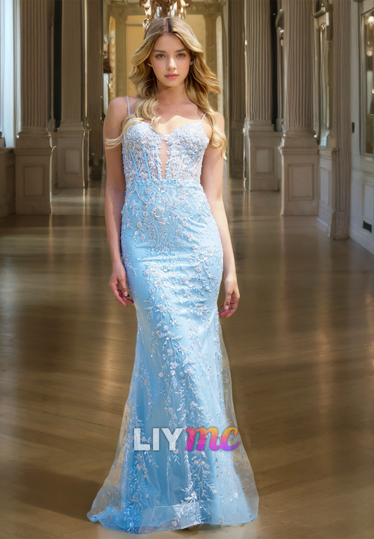 Sweetheart Spaghetti Straps Appliques Mermaid Prom Dress