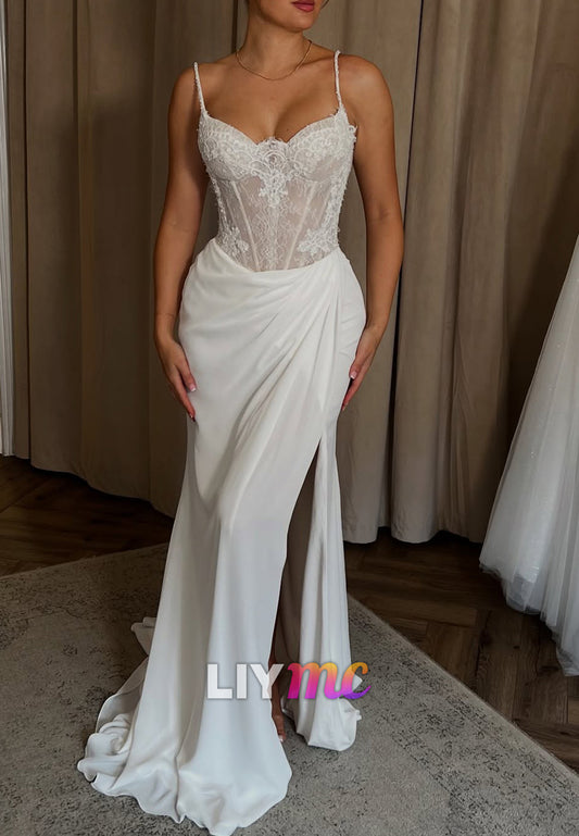 Sweetheart Spaghetti Straps Appliques Ruched Sheath Wedding Dress