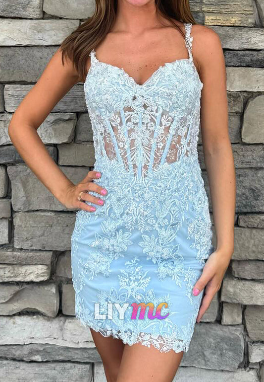 Sweetheart Spaghetti Straps Appliques Sheath Party Homecoming Dress
