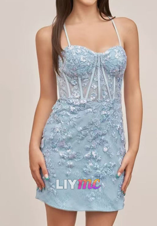 Sweetheart Spaghetti Straps Appliques Sheath Party Homecoming Dress