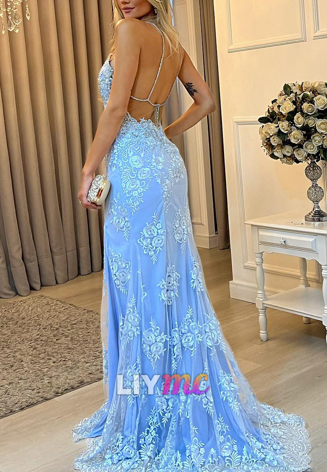 Sweetheart Spaghetti Straps Appliques Sheath Prom Dress