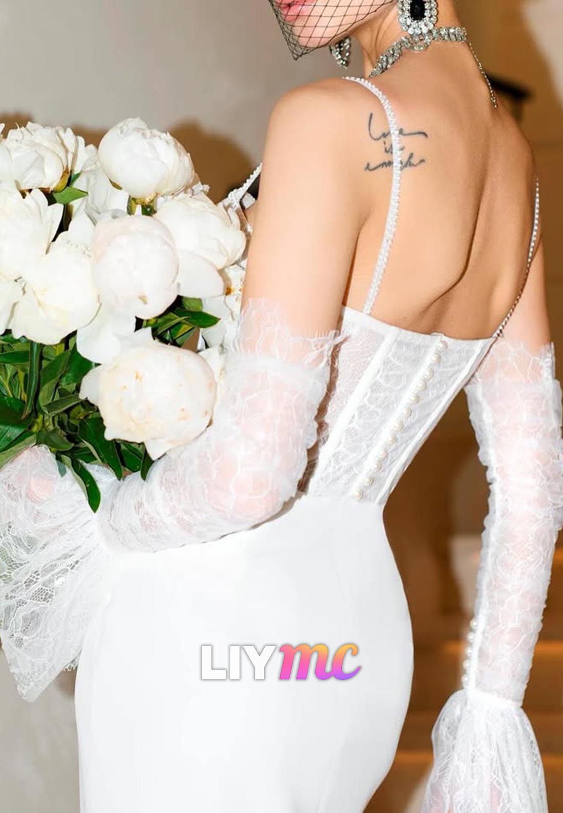 Sweetheart Spaghetti Straps Appliques Sheath Wedding Dress