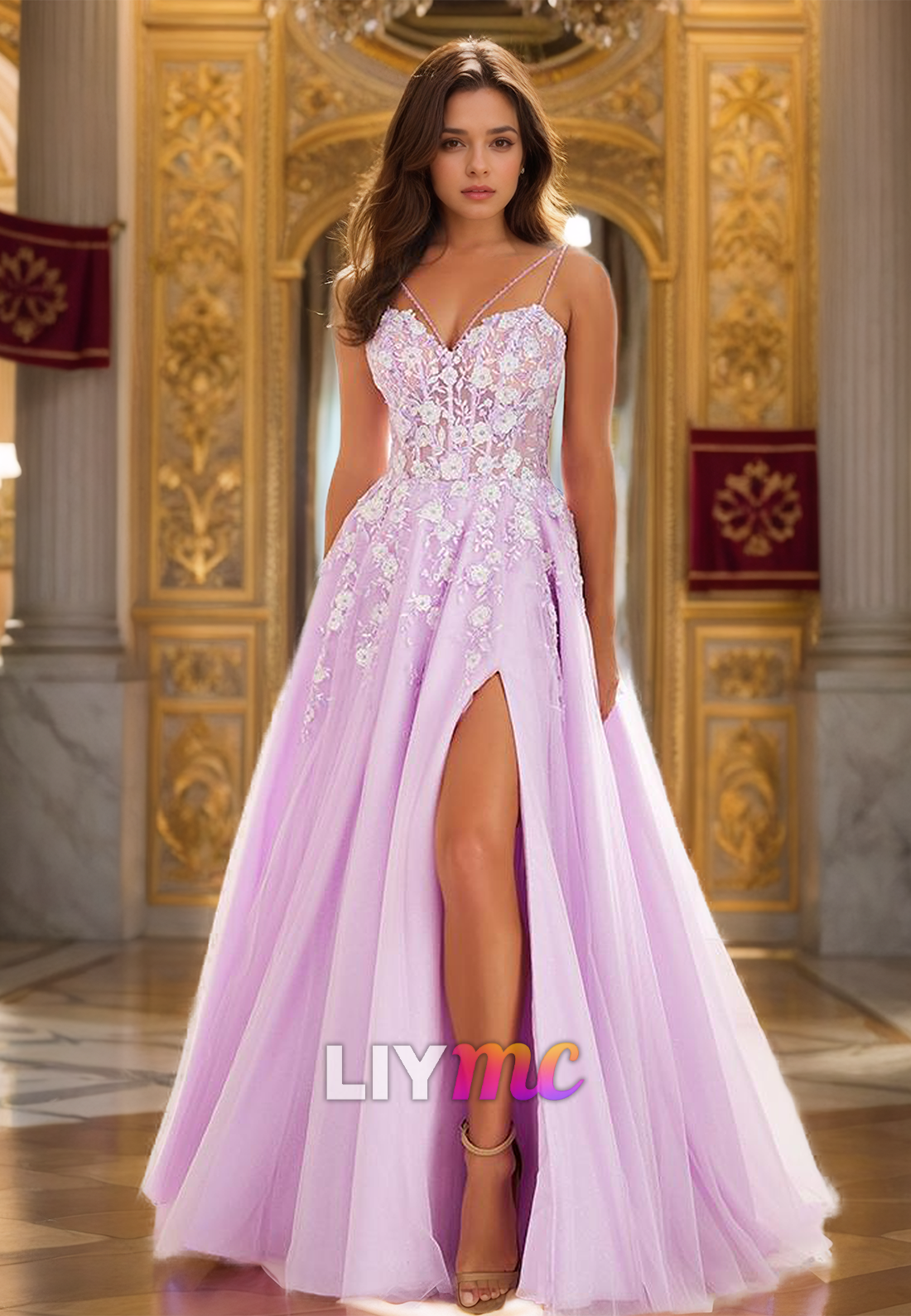 Sweetheart Spaghetti Straps Appliques Tulle A-Line Prom Dress