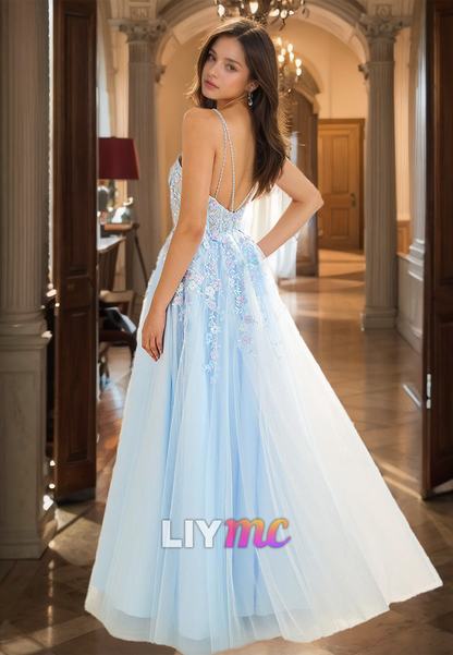 Sweetheart Spaghetti Straps Appliques Tulle A-Line Prom Dress