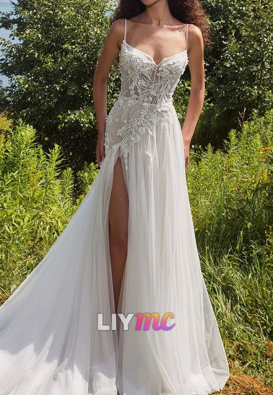Sweetheart Spaghetti Straps Appliques Tulle A-Line Wedding Dress