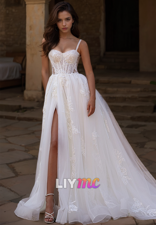 Sweetheart Spaghetti Straps Appliques Tulle A-Line Wedding Dress