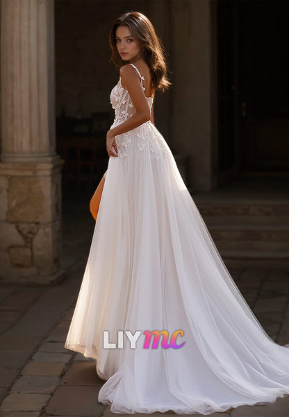 Sweetheart Spaghetti Straps Appliques Tulle A-Line Wedding Dress