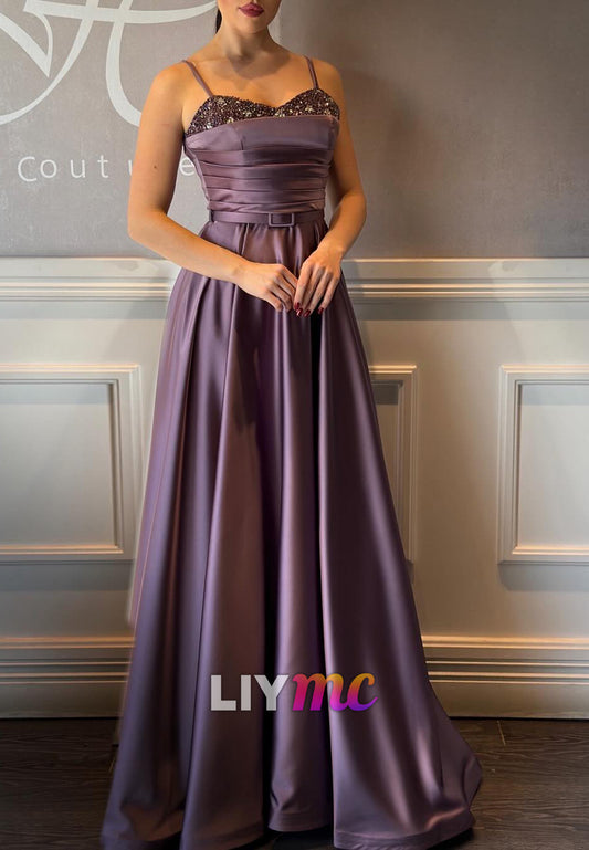 Sweetheart Spaghetti Straps Beaded Belt A-Line Evening Dress