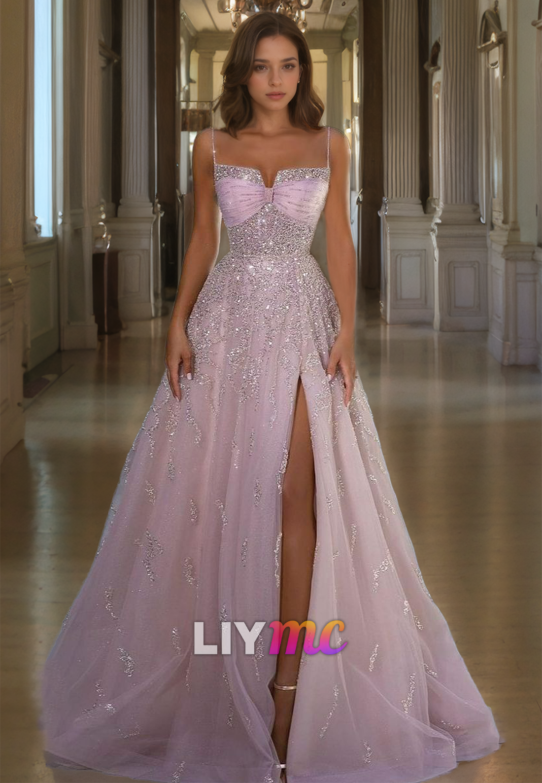 Sweetheart Spaghetti Straps Beaded Sparkly A-Line Prom Dress