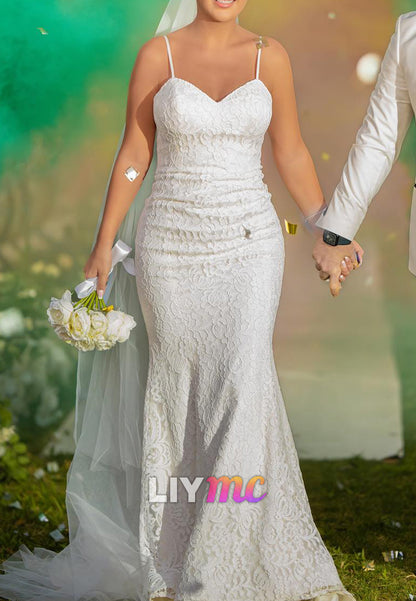 Sweetheart Spaghetti Straps Lace Appliques Mermaid Wedding Dress