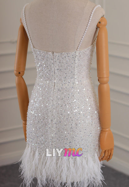 Sweetheart Spaghetti Straps Pearl Sequins Feather Short Wedding Dress