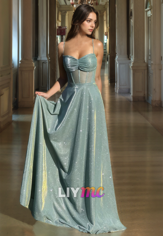 LP947 - A line Sweetheart Draped Sparkly Formal Prom Dress