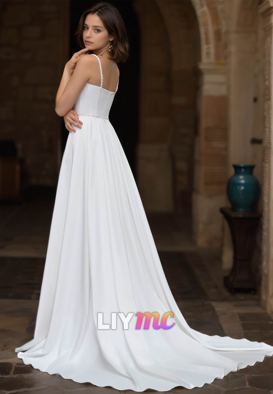 Sweetheart Spaghetti Straps Ruched High Slit Beach Wedding Dress