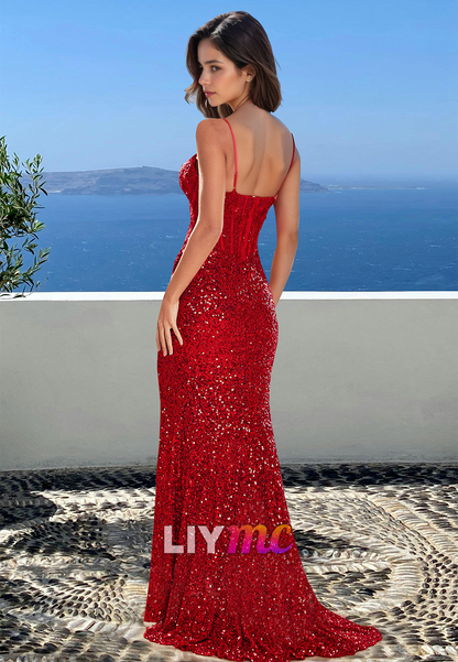 Sweetheart Spaghetti Straps Sequins Appliques Sparkly Sheath Prom Dress