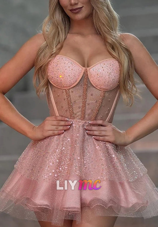 Sweetheart Spaghetti Straps Sequins Sheer A-Line Party Homecoming Dress