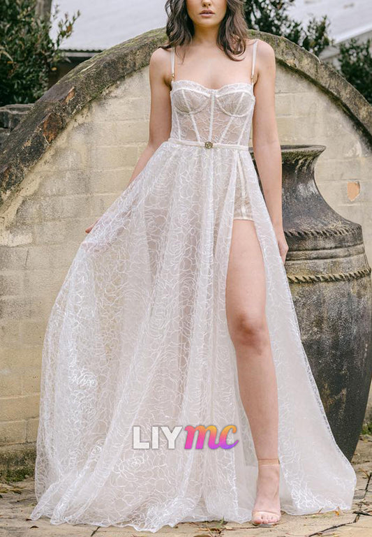 Sweetheart Spaghetti Straps Sheer A-Line Summer Wedding Dress