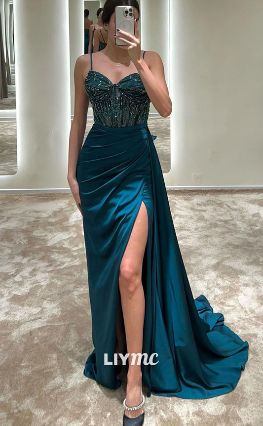 LP1848 - Sweetheart Spaghetti Straps Sleeveless Beaded Pleated Ruched Sleek Satin Prom Dress with Side Slit