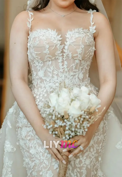 Sweetheart Spaghetti Sttraps Appliques Mermaid Wedding Dress