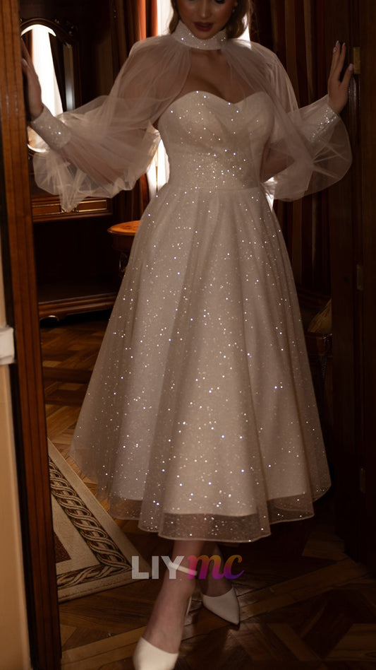 Sweetheart Sparkly Long Sleeves A-Line Wedding Dress